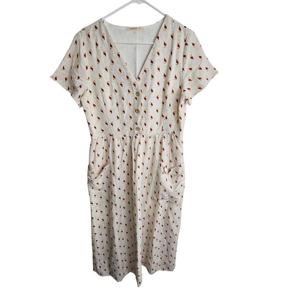 Marfinno Dress Women Knee Length Dress Parrot Bird Print Dress Linen Dress Cream